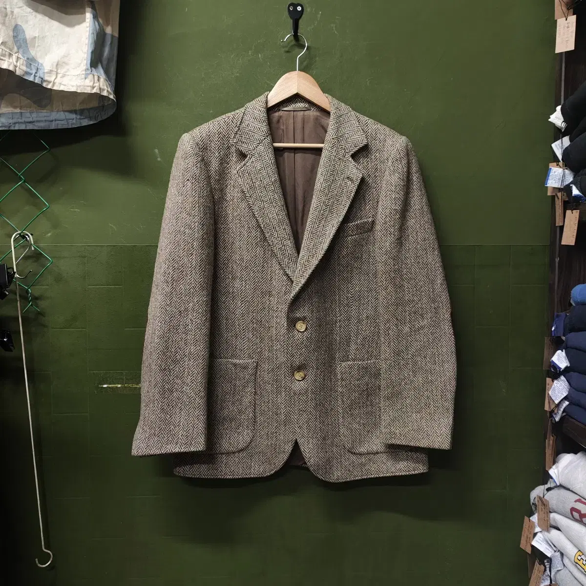 80s Harris Tweed 헤링본 체크 울 맞춤 싱글 자켓